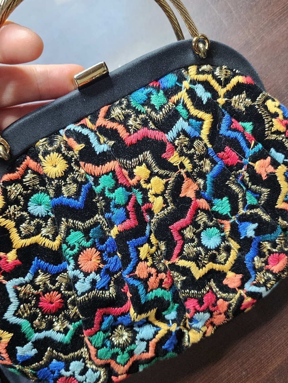 Vintage GARAY 80s Embroidered Evening Bag Matching Gloves Black Floral Beaded - Picture 5 of 13